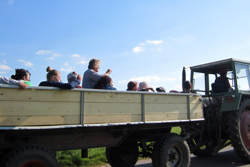 Jugendliche fahren auf der LAdefläche eines Traktor-Anhängers mit