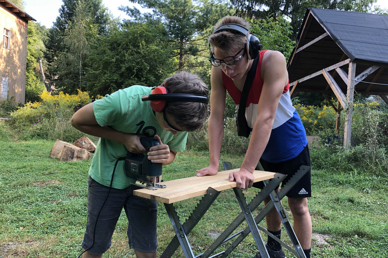 Two boys sawing