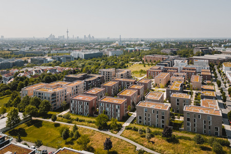 Berghöfe mit Skyline im Hintergrund