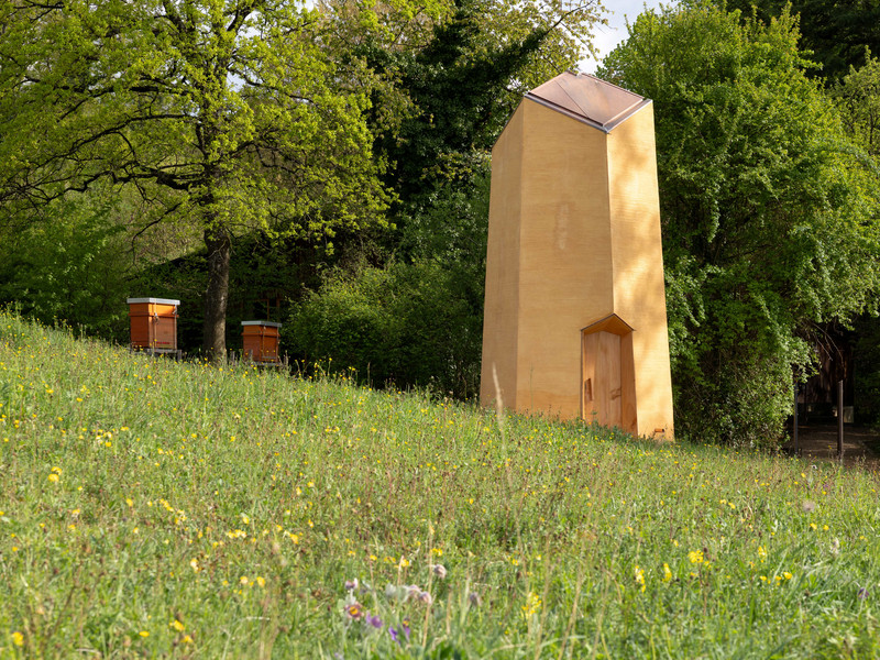 Bienenturm mit Bienenkästen auf der grünen Wiese